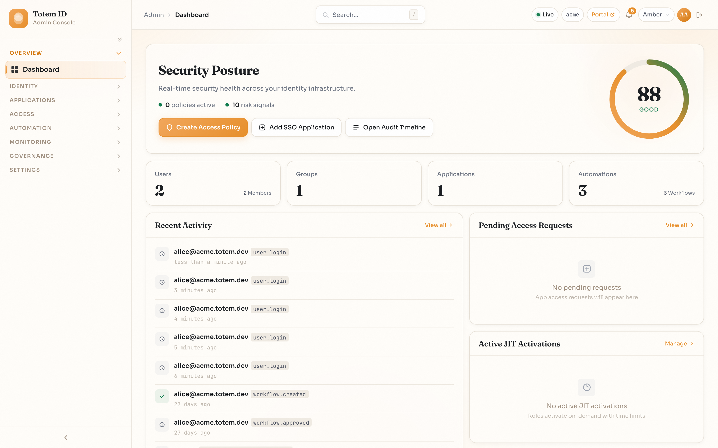 Totem ID admin dashboard showing security posture, user and group counts, and recent activity feed